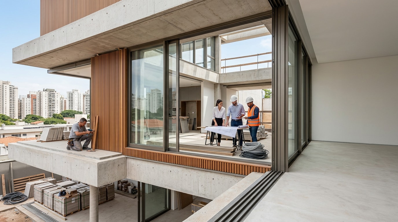 Residência contemporânea em execução: equipe coordenando projetos e instalação de marcenaria junto às fachadas de concreto e vidro
